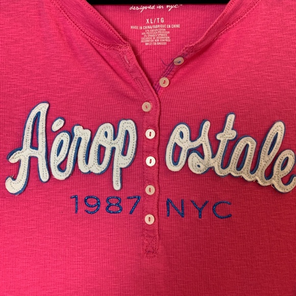 Aeropostale Womens Y2K Fitted Henley Top Size XL Pink 1987 NYC Spellout Preppy - Picture 4 of 11